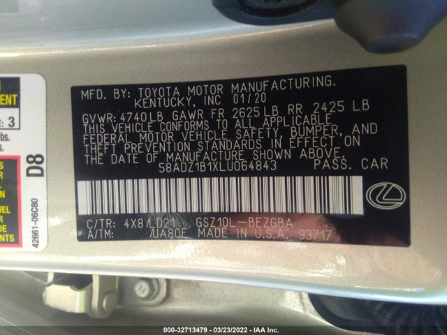 2020 Lexus ES, VIN: 58ADZ1B1XLU064843