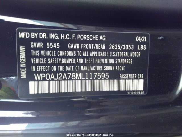 2021 Porsche Panamera, VIN: WP0AJ2A78ML117595