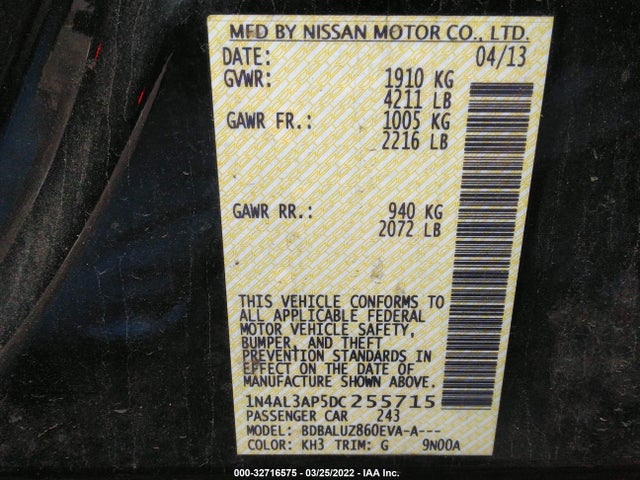 2013 NISSAN ALTIMA 2.5 SV VIN: 1N4AL3AP5DC255715