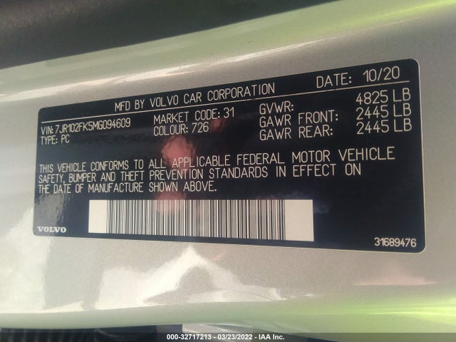 2021 Volvo S60, VIN: 7JR102FK5MG094609