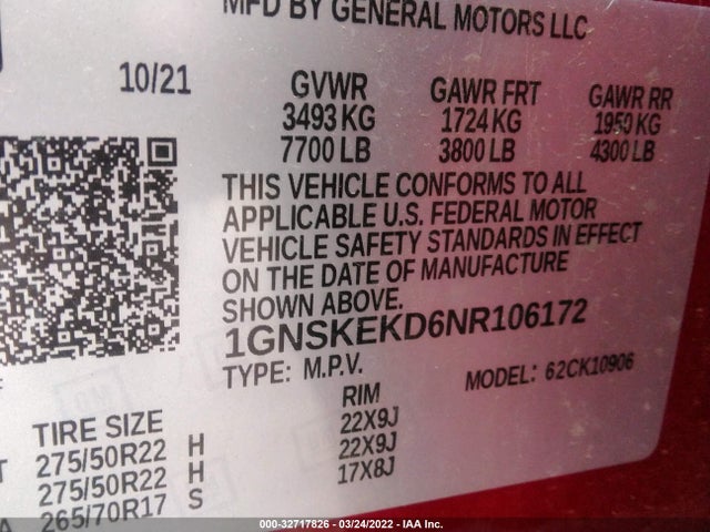 2022 Chevrolet Suburban, VIN: 1GNSKEKD6NR106172