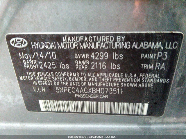 2011 HYUNDAI SONATA LTD VIN: 5NPEC4ACXBH073511