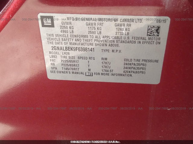 Chevrolet EQUINOX LT 2015 2GNALBEK9F6398141 Image 9
