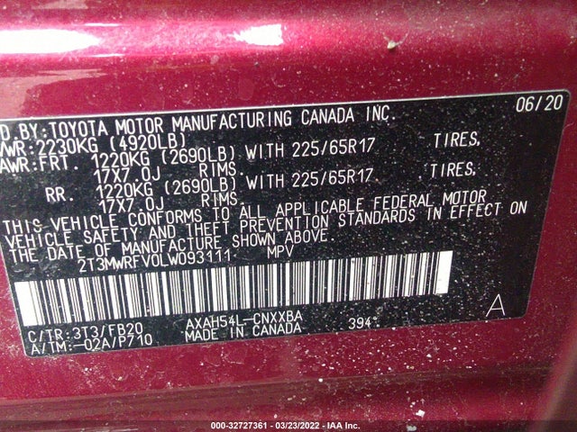 2020 TOYOTA RAV4 VIN: 2T3MWRFV0LW093111