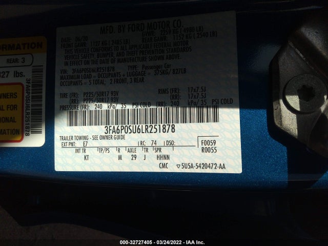 2020 Ford Fusion, VIN: 3FA6P0SU6LR251878