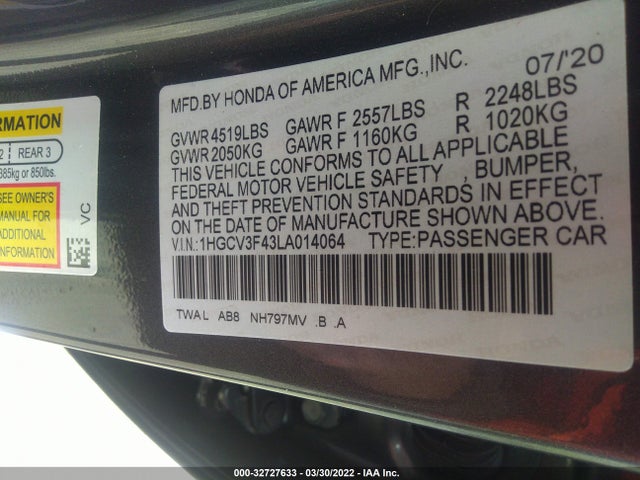 2020 Honda Accord, VIN: 1HGCV3F43LA014064