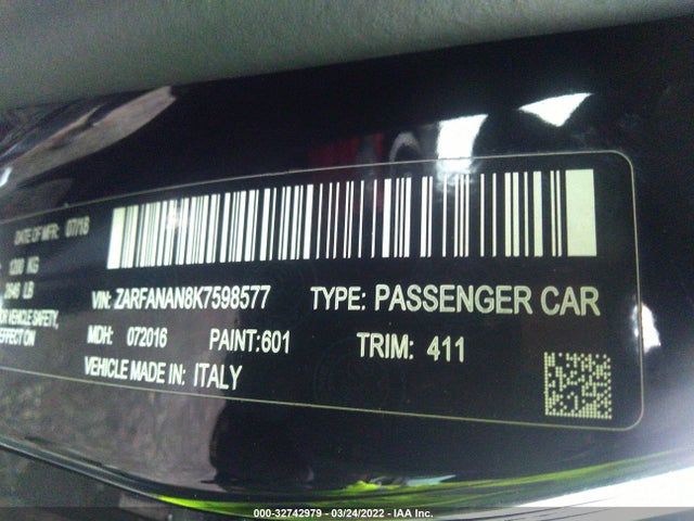 2019 Alfa Romeo Giulia, VIN: ZARFANAN8K7598577