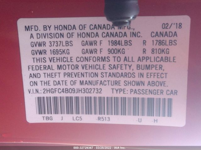 2HGFC4B09JH302732 Honda Civic Lx-p