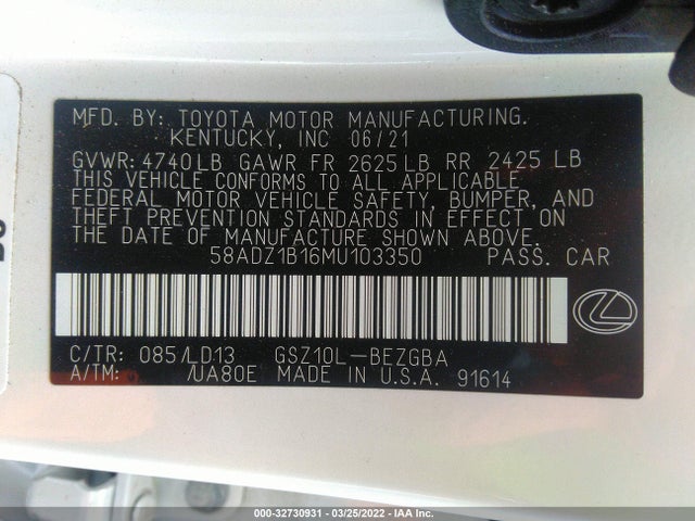 2021 Lexus ES, VIN: 58ADZ1B16MU103350
