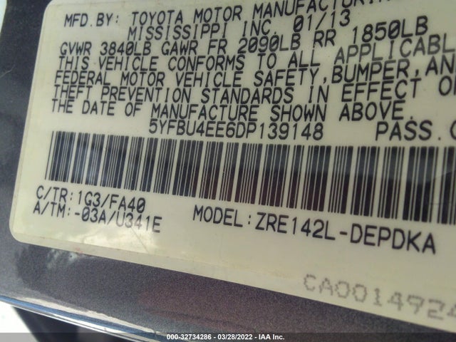 2013 TOYOTA COROLLA VIN: 5YFBU4EE6DP139148