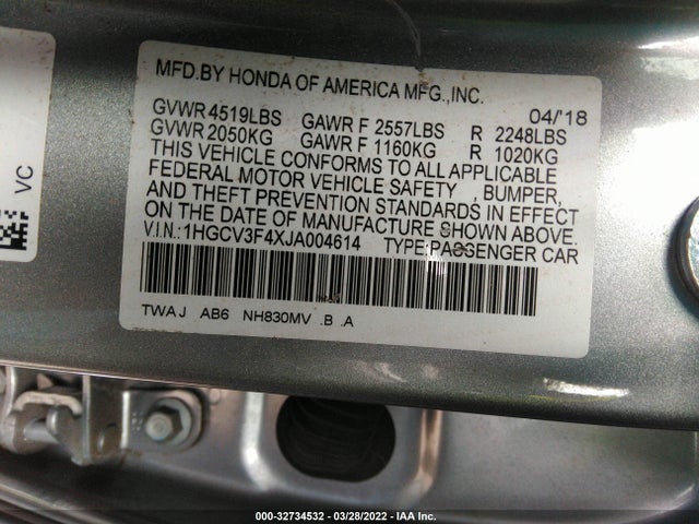 2018 Honda Accord, VIN: 1HGCV3F4XJA004614