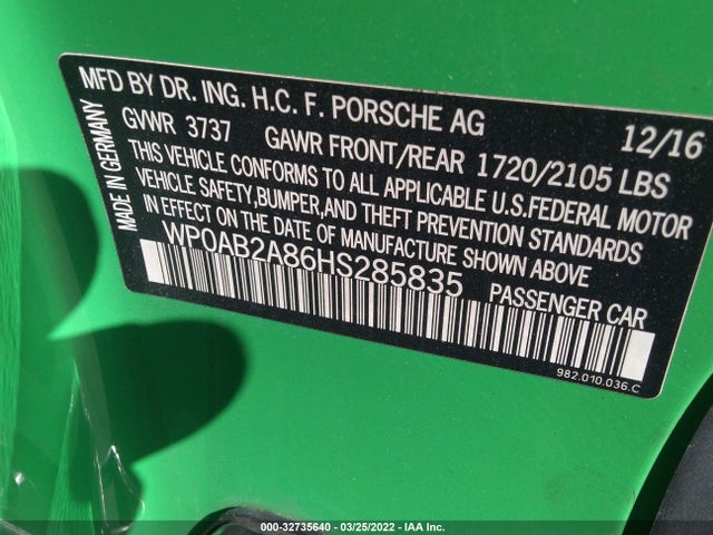 2017 Porsche Cayman, VIN: WP0AB2A86HS285835