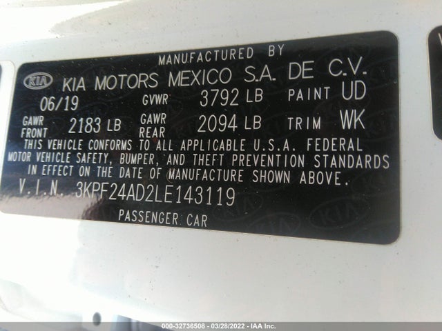 2020 KIA FORTE VIN: 3KPF24AD2LE143119
