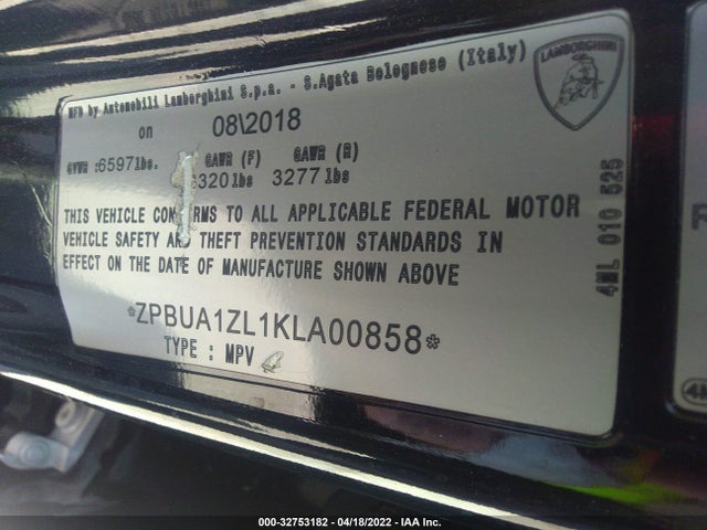2019 Lamborghini URUS, VIN: ZPBUA1ZL1KLA00858