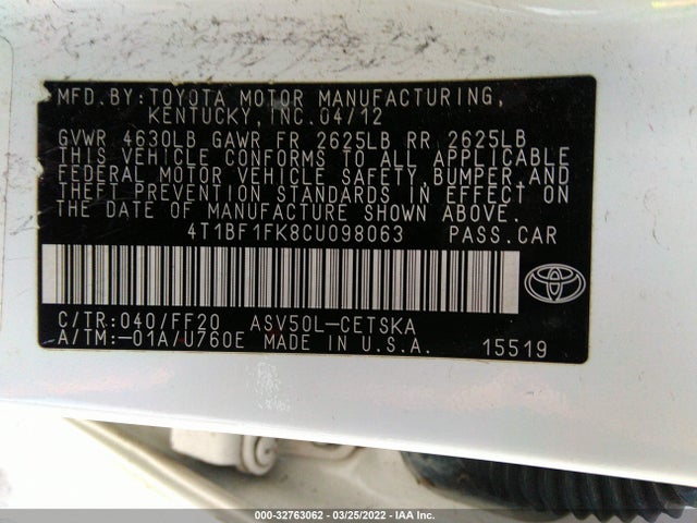 2012 TOYOTA CAMRY SE VIN: 4T1BF1FK8CU098063