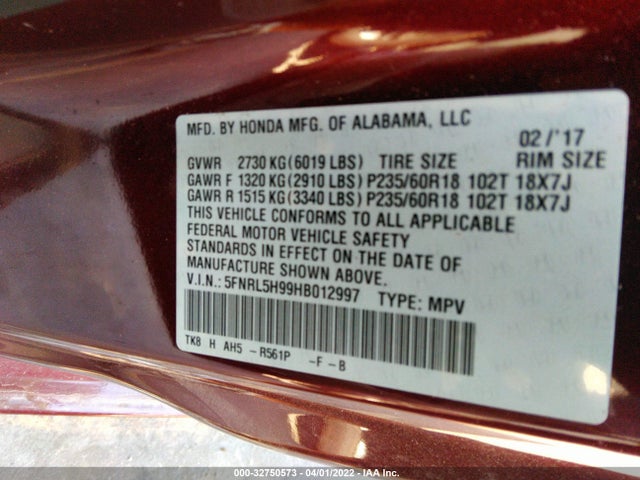 2017 Honda Odyssey, VIN: 5FNRL5H99HB012997