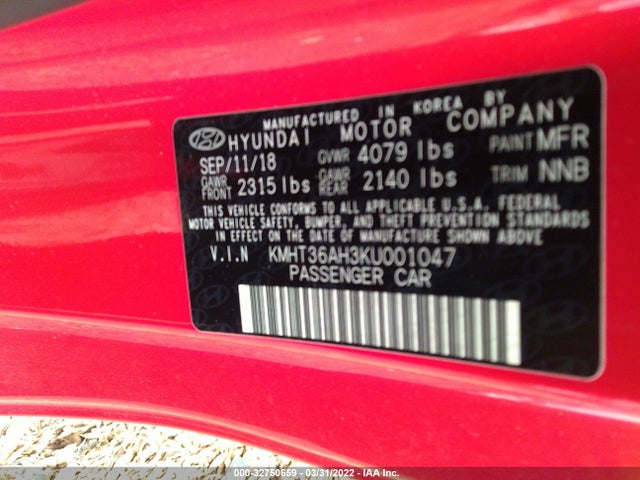 2019 Hyundai Veloster, VIN: KMHT36AH3KU001047