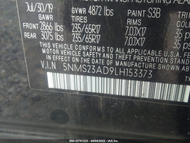2020 HYUNDAI SANTA FE SE VIN: 5NMS23AD9LH153373