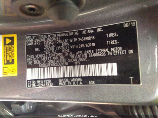 2019 Toyota Highlander, VIN: 5TDBGRFH2KS069830