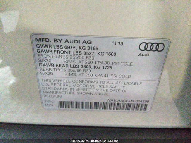 2019 Audi e-tron, VIN: WA1LAAGE4KB024398