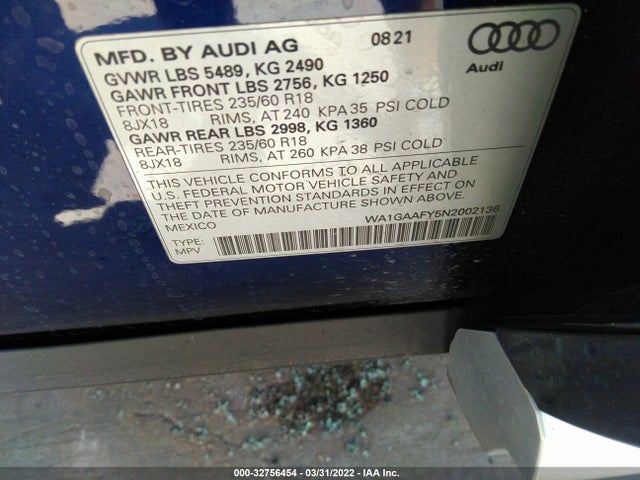 2022 Audi Q5, VIN: WA1GAAFY5N2002136