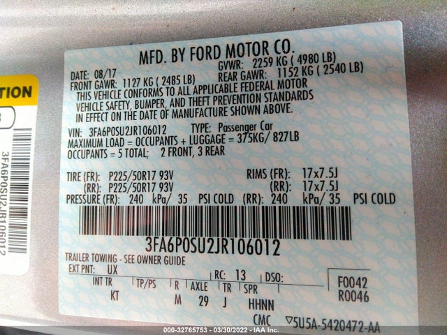 2018 Ford Fusion, VIN: 3FA6P0SU2JR106012