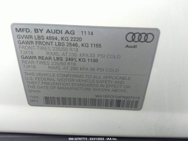 2015 Audi Q3, VIN: WA1EFCFS4FR007319