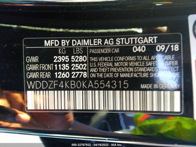 2019 MERCEDES-BENZ E-CLASS VIN: WDDZF4KB0KA554315
