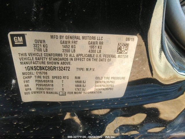 Chevrolet Tahoe Lt 2016 1GNSCBKC8GR132472 Image 9
