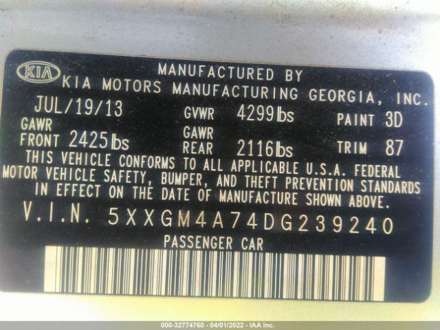5XXGM4A74DG239240 KIA Optima