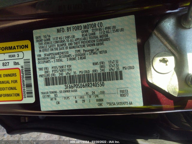 2017 Ford Fusion, VIN: 3FA6P0SU6HR240550