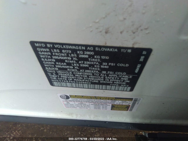2016 Volkswagen Touareg, VIN: WVGEF9BP6GD008802