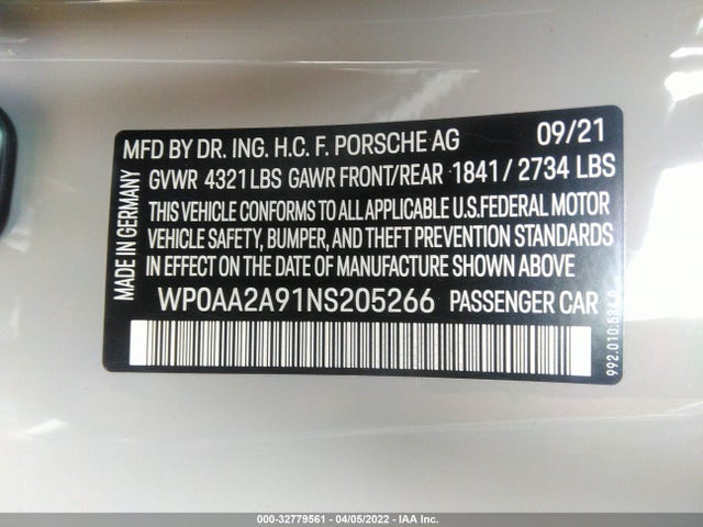 2022 Porsche 911, VIN: WP0AA2A91NS205266