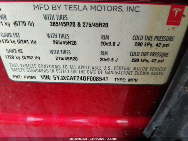2016 Tesla Model X, VIN: 5YJXCAE24GF008541