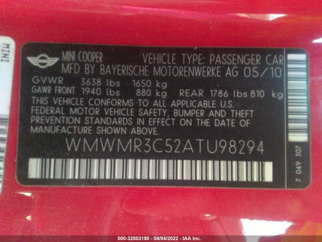 2010 MINI COOPER CONVERTIBLE WMWMR3C52ATU98294 Photo 8