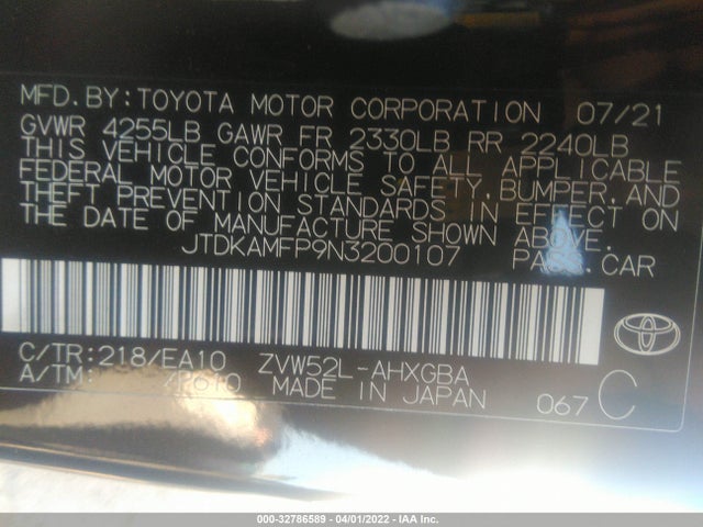 2022 Toyota Prius, VIN: JTDKAMFP9N3200107
