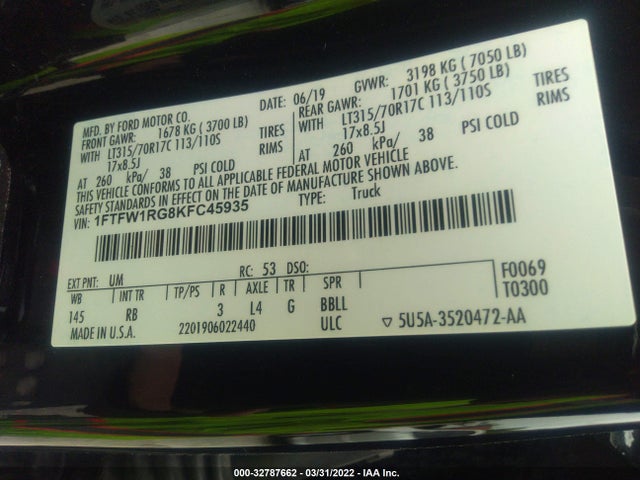 Ford F-150 Raptor 2019 1FTFW1RG8KFC45935 Image 9