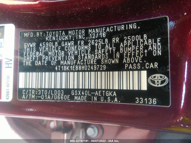 2017 Toyota Avalon, VIN: 4T1BK1EB8HU249729