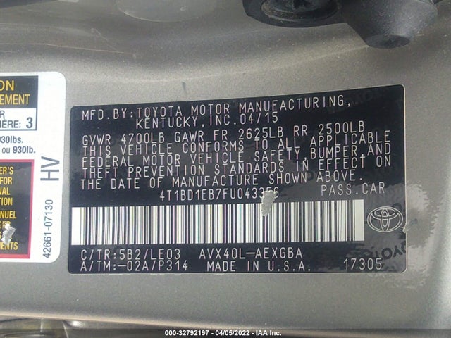 2015 Toyota Avalon, VIN: 4T1BD1EB7FU043356