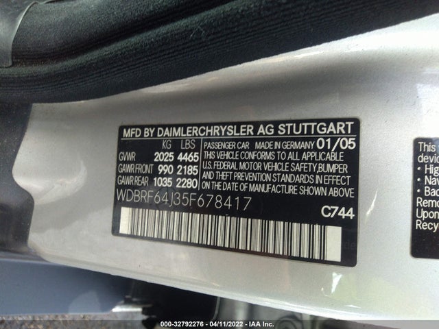2005 MERCEDES-BENZ C-CLASS 3.2L VIN: WDBRF64J35F678417