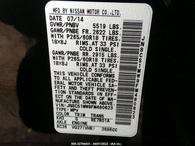 2015 Infiniti QX70, VIN: JN8CS1MW9FM480623