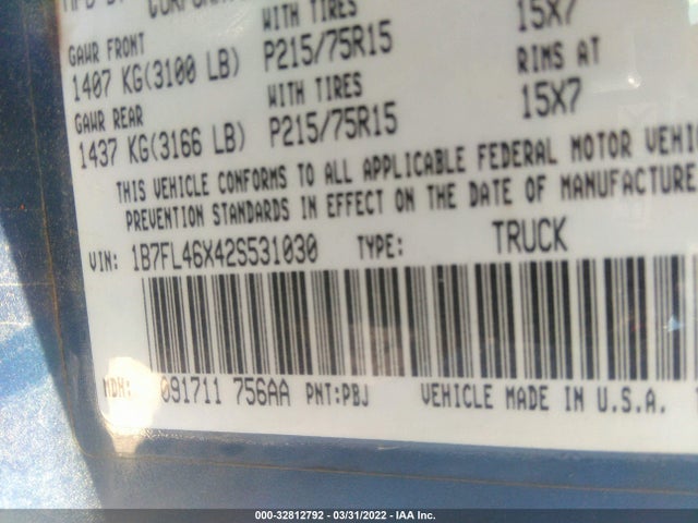 Dodge DAKOTA SLT 2002 1B7FL46X42S531030 Image 10