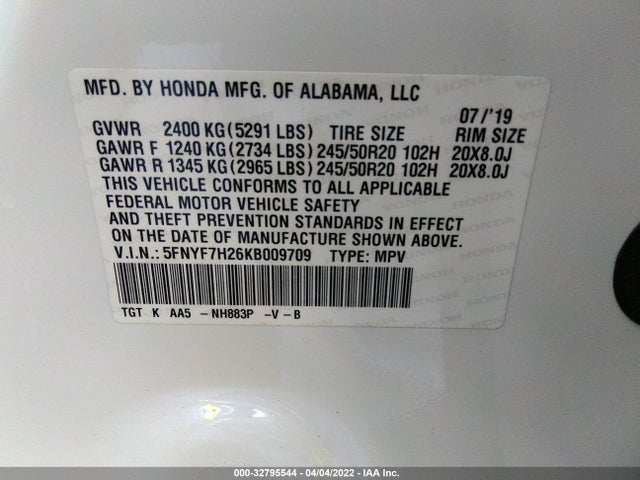 2019 Honda Passport, VIN: 5FNYF7H26KB009709