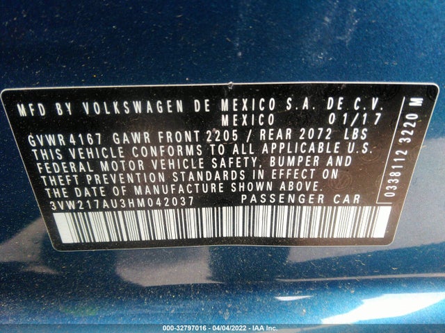 2017 Volkswagen Golf, VIN: 3VW217AU3HM042037
