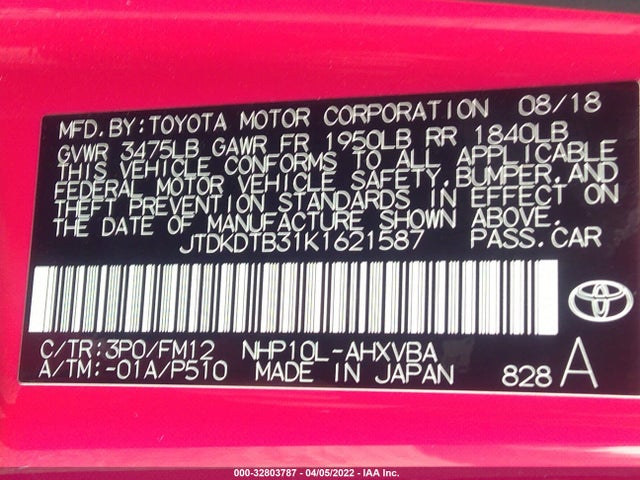 2019 Toyota Prius, VIN: JTDKDTB31K1621587