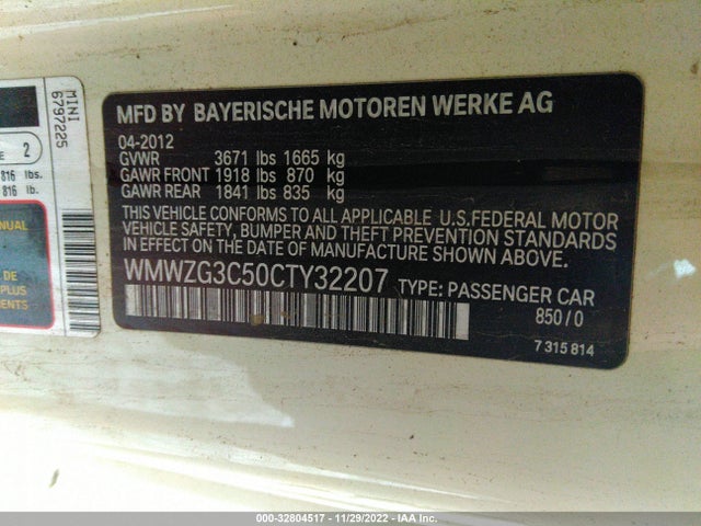 2012 MINI COOPER CLUBMAN S VIN: WMWZG3C50CTY32207