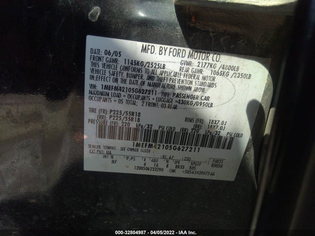 2005 MERCURY MONTEGO PREMIER VIN: 1MEFM42105G627211