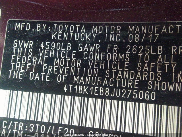 2018 Toyota Avalon, VIN: 4T1BK1EB8JU275060