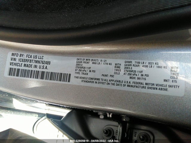 2021 RAM 1500 VIN: 1C6SRFBT7MN762489