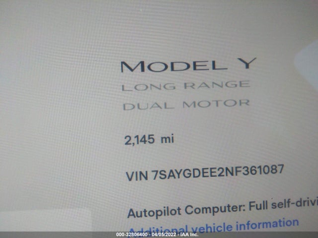 7SAYGDEE2NF361087 Tesla Model Y Long Range